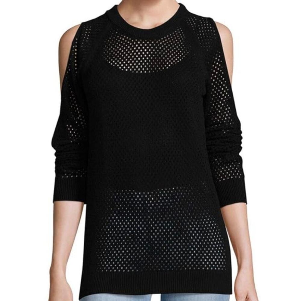 Women's All Black Open Knit Cold Shoulder Long Sleeve Pullover Sweater M NWT
